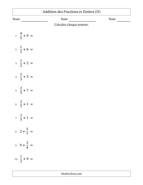 Addition et soustraction des fractions propres et nombres entiers, avec des résultats de fractions mixtes et sans simplification (D)