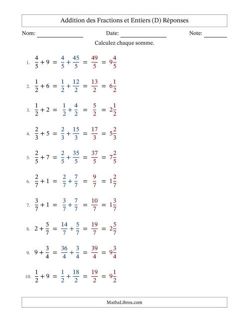 Addition et soustraction des fractions propres et nombres entiers, avec des résultats de fractions mixtes et sans simplification (D) page 2