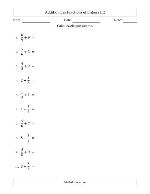 Addition et soustraction des fractions propres et nombres entiers, avec des résultats de fractions mixtes et sans simplification (E)