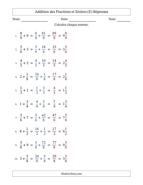 Addition et soustraction des fractions propres et nombres entiers, avec des résultats de fractions mixtes et sans simplification (E) page 2