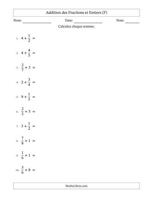 Addition et soustraction des fractions propres et nombres entiers, avec des résultats de fractions mixtes et sans simplification (F)