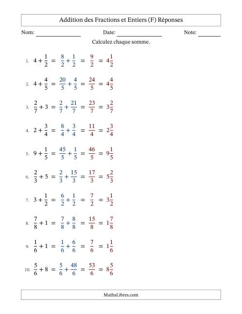 Addition et soustraction des fractions propres et nombres entiers, avec des résultats de fractions mixtes et sans simplification (F) page 2