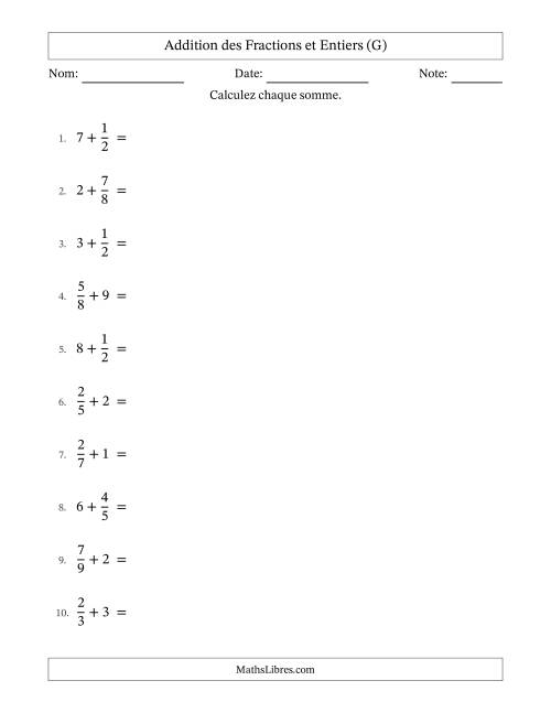 Addition et soustraction des fractions propres et nombres entiers, avec des résultats de fractions mixtes et sans simplification (G)