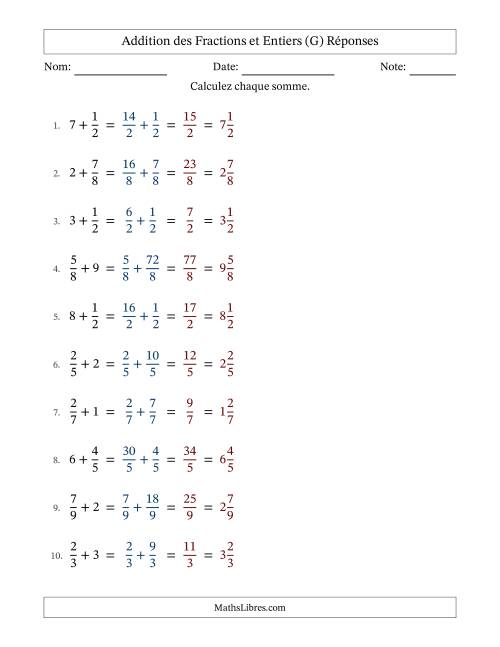 Addition et soustraction des fractions propres et nombres entiers, avec des résultats de fractions mixtes et sans simplification (G) page 2