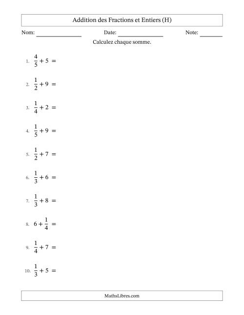 Addition et soustraction des fractions propres et nombres entiers, avec des résultats de fractions mixtes et sans simplification (H)