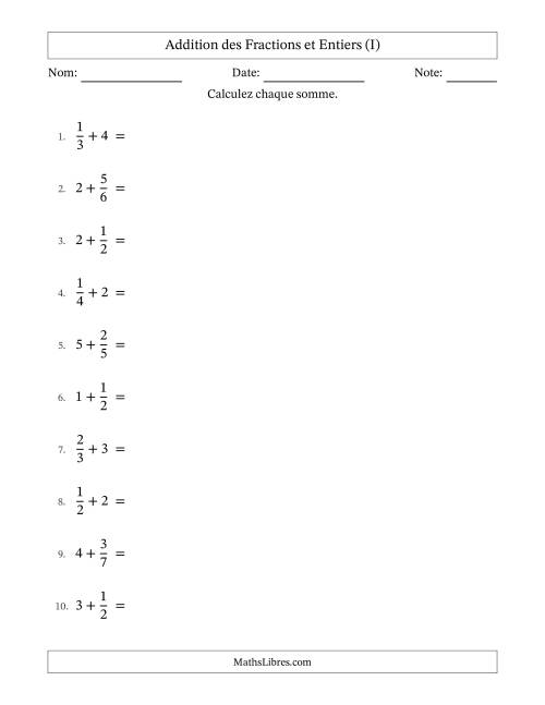 Addition et soustraction des fractions propres et nombres entiers, avec des résultats de fractions mixtes et sans simplification (I)