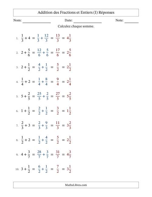 Addition et soustraction des fractions propres et nombres entiers, avec des résultats de fractions mixtes et sans simplification (I) page 2