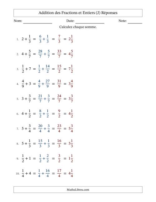 Addition et soustraction des fractions propres et nombres entiers, avec des résultats de fractions mixtes et sans simplification (J) page 2