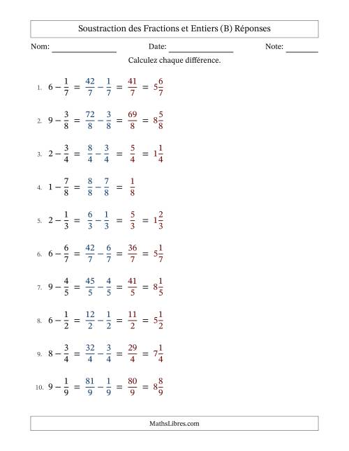 Addition et soustraction des fractions propres et nombres entiers, avec des résultats de fractions mixtes et sans simplification (B) page 2