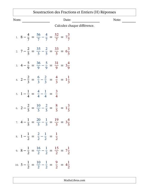 Addition et soustraction des fractions propres et nombres entiers, avec des résultats de fractions mixtes et sans simplification (H) page 2