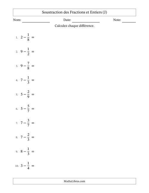 Addition et soustraction des fractions propres et nombres entiers, avec des résultats de fractions mixtes et sans simplification (J)