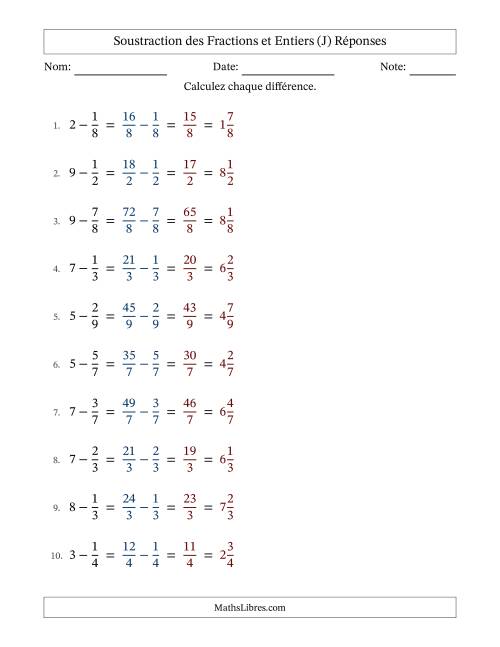 Addition et soustraction des fractions propres et nombres entiers, avec des résultats de fractions mixtes et sans simplification (J) page 2