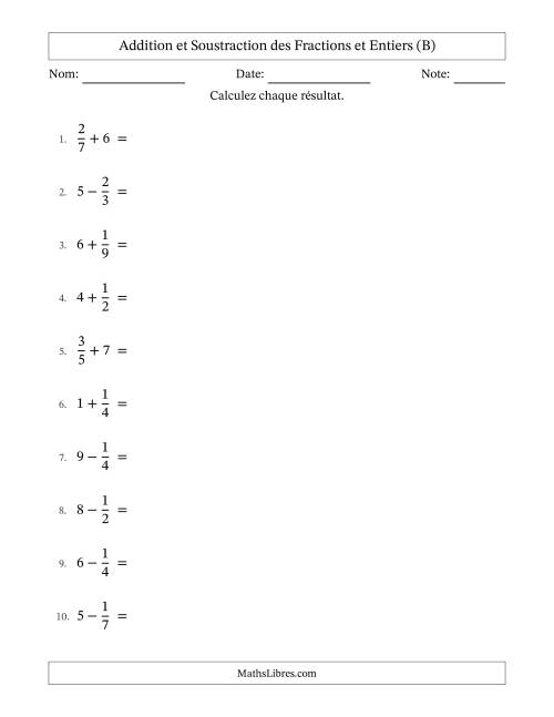 Addition et soustraction des fractions propres et nombres entiers, avec des résultats de fractions mixtes et sans simplification (B)
