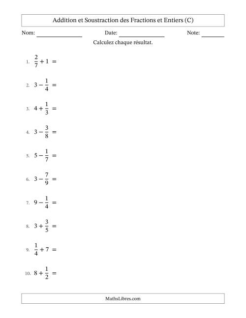 Addition et soustraction des fractions propres et nombres entiers, avec des résultats de fractions mixtes et sans simplification (C)