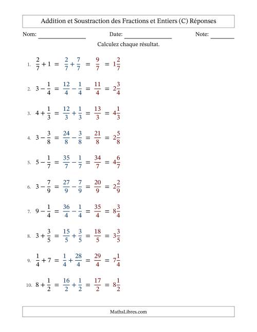 Addition et soustraction des fractions propres et nombres entiers, avec des résultats de fractions mixtes et sans simplification (C) page 2