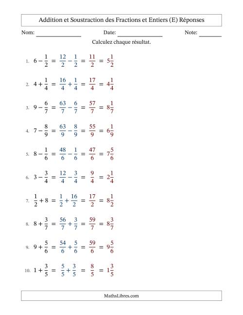 Addition et soustraction des fractions propres et nombres entiers, avec des résultats de fractions mixtes et sans simplification (E) page 2