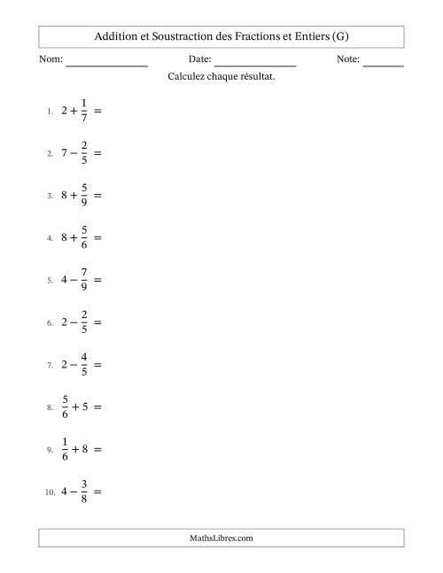 Addition et soustraction des fractions propres et nombres entiers, avec des résultats de fractions mixtes et sans simplification (G)
