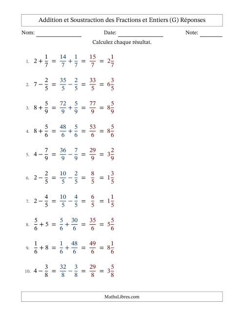Addition et soustraction des fractions propres et nombres entiers, avec des résultats de fractions mixtes et sans simplification (G) page 2