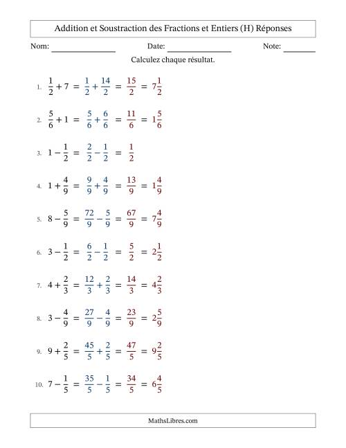 Addition et soustraction des fractions propres et nombres entiers, avec des résultats de fractions mixtes et sans simplification (H) page 2
