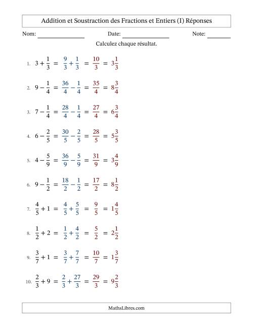 Addition et soustraction des fractions propres et nombres entiers, avec des résultats de fractions mixtes et sans simplification (I) page 2