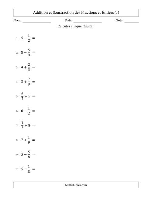 Addition et soustraction des fractions propres et nombres entiers, avec des résultats de fractions mixtes et sans simplification (J)