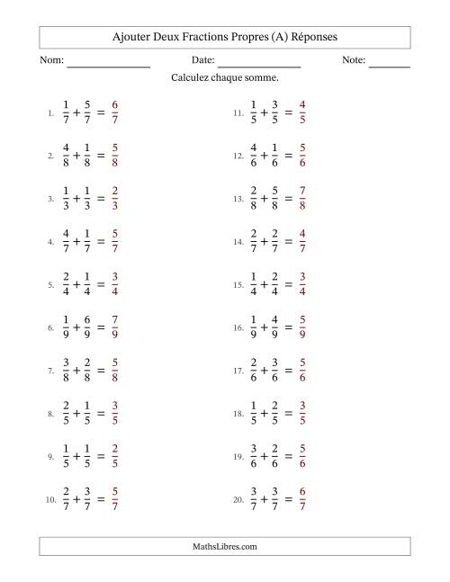 Ajouter deux fractions propres avec des dénominateurs égaux, résultats en fractions propres, et sans simplification (A) page 2