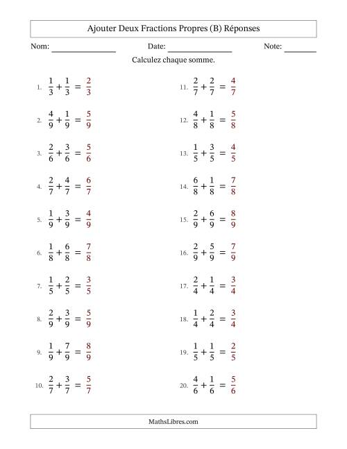 Ajouter deux fractions propres avec des dénominateurs égaux, résultats en fractions propres, et sans simplification (B) page 2