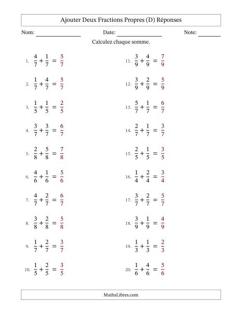 Ajouter deux fractions propres avec des dénominateurs égaux, résultats en fractions propres, et sans simplification (D) page 2