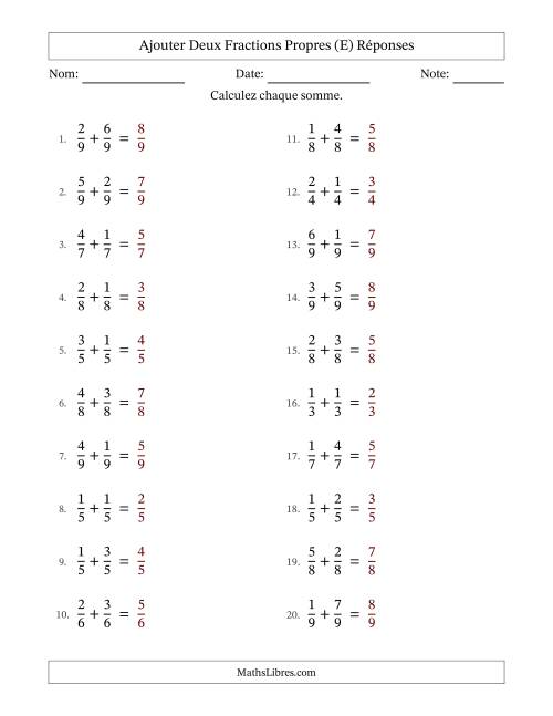 Ajouter deux fractions propres avec des dénominateurs égaux, résultats en fractions propres, et sans simplification (E) page 2