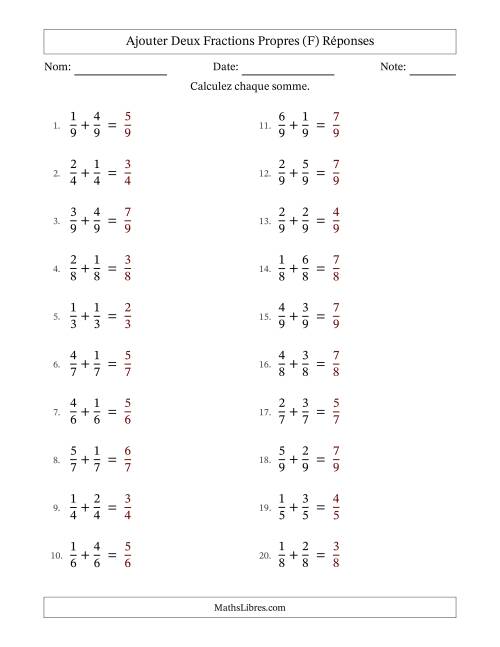 Ajouter deux fractions propres avec des dénominateurs égaux, résultats en fractions propres, et sans simplification (F) page 2