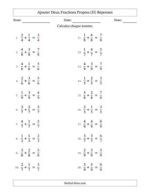 Ajouter deux fractions propres avec des dénominateurs égaux, résultats en fractions propres, et sans simplification (H) page 2