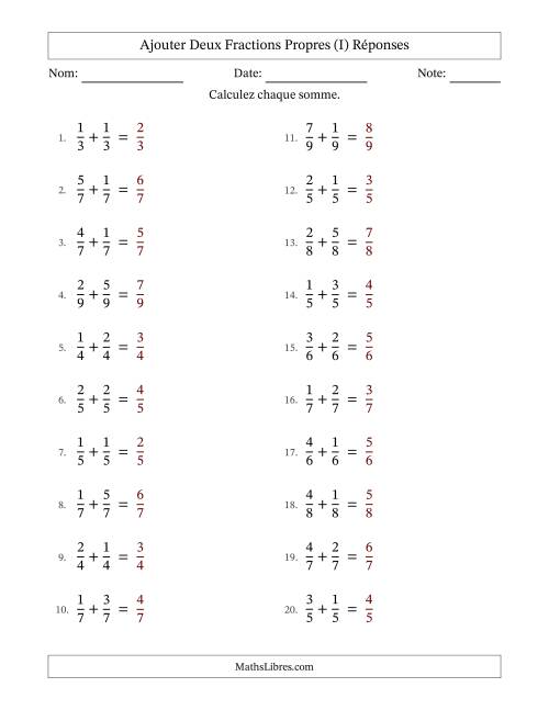 Ajouter deux fractions propres avec des dénominateurs égaux, résultats en fractions propres, et sans simplification (I) page 2