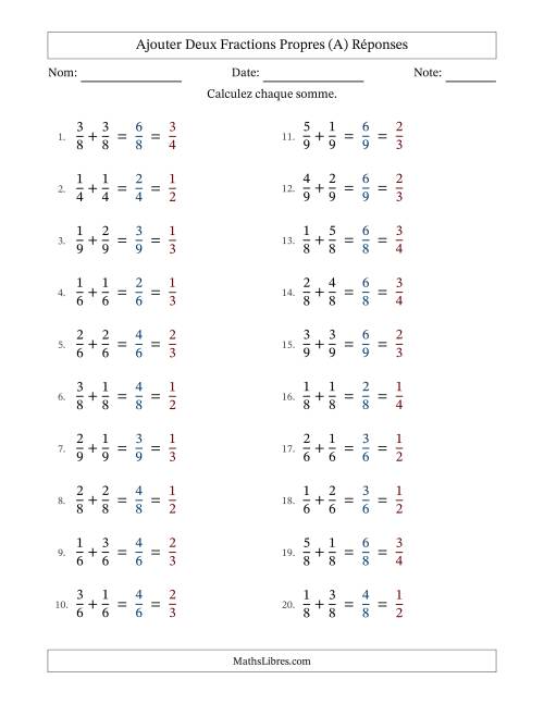 Ajouter deux fractions propres avec des dénominateurs égaux, résultats en fractions propres, et avec simplification dans tous les problèmes (A) page 2