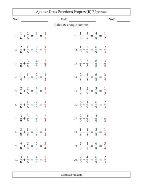 Ajouter deux fractions propres avec des dénominateurs égaux, résultats en fractions propres, et avec simplification dans tous les problèmes (B) page 2