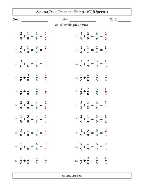 Ajouter deux fractions propres avec des dénominateurs égaux, résultats en fractions propres, et avec simplification dans tous les problèmes (C) page 2