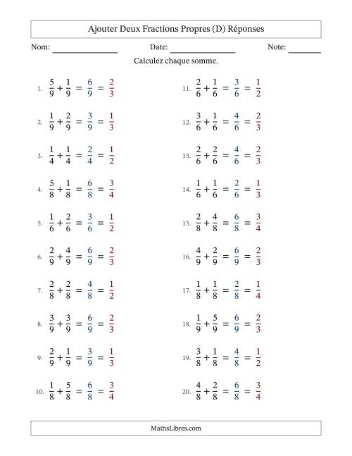 Ajouter deux fractions propres avec des dénominateurs égaux, résultats en fractions propres, et avec simplification dans tous les problèmes (D) page 2
