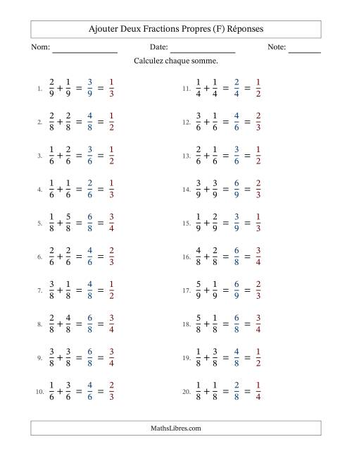 Ajouter deux fractions propres avec des dénominateurs égaux, résultats en fractions propres, et avec simplification dans tous les problèmes (F) page 2
