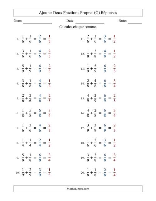 Ajouter deux fractions propres avec des dénominateurs égaux, résultats en fractions propres, et avec simplification dans tous les problèmes (G) page 2