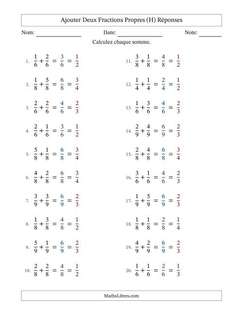 Ajouter deux fractions propres avec des dénominateurs égaux, résultats en fractions propres, et avec simplification dans tous les problèmes (H) page 2