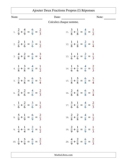 Ajouter deux fractions propres avec des dénominateurs égaux, résultats en fractions propres, et avec simplification dans tous les problèmes (I) page 2