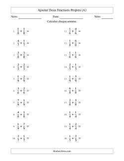 Ajouter deux fractions propres avec des dénominateurs égaux, résultats en fractions propres, et avec simplification dans quelques problèmes