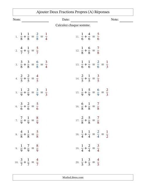 Ajouter deux fractions propres avec des dénominateurs égaux, résultats en fractions propres, et avec simplification dans quelques problèmes (A) page 2
