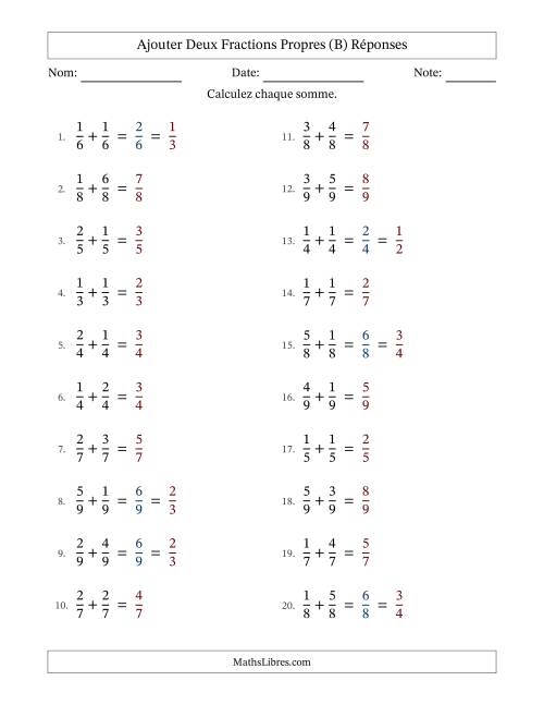 Ajouter deux fractions propres avec des dénominateurs égaux, résultats en fractions propres, et avec simplification dans quelques problèmes (B) page 2