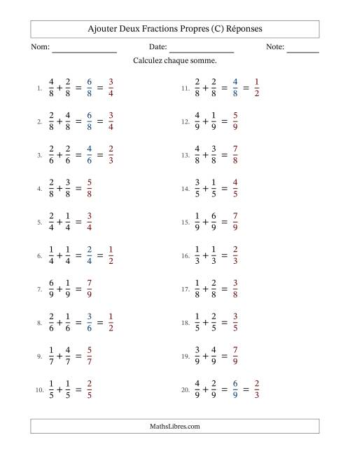 Ajouter deux fractions propres avec des dénominateurs égaux, résultats en fractions propres, et avec simplification dans quelques problèmes (C) page 2