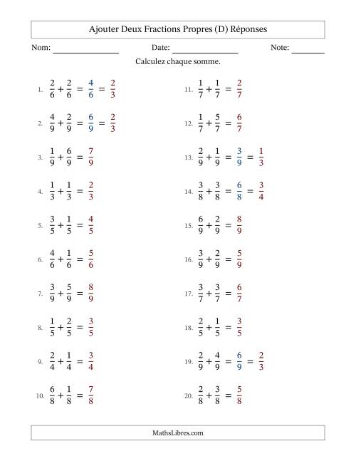 Ajouter deux fractions propres avec des dénominateurs égaux, résultats en fractions propres, et avec simplification dans quelques problèmes (D) page 2
