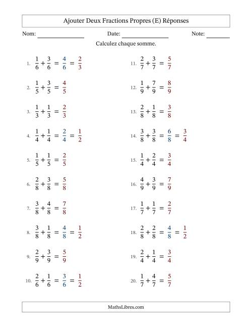 Ajouter deux fractions propres avec des dénominateurs égaux, résultats en fractions propres, et avec simplification dans quelques problèmes (E) page 2