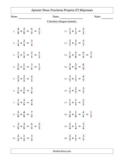 Ajouter deux fractions propres avec des dénominateurs égaux, résultats en fractions propres, et avec simplification dans quelques problèmes (F) page 2