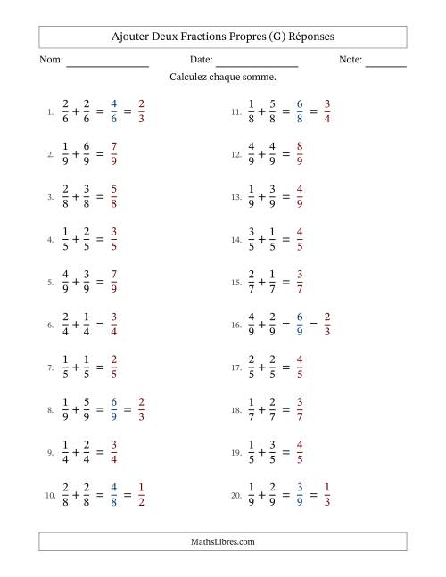Ajouter deux fractions propres avec des dénominateurs égaux, résultats en fractions propres, et avec simplification dans quelques problèmes (G) page 2