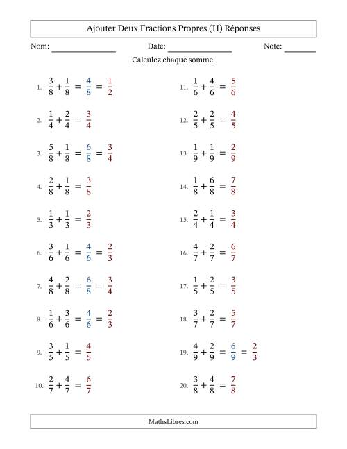 Ajouter deux fractions propres avec des dénominateurs égaux, résultats en fractions propres, et avec simplification dans quelques problèmes (H) page 2