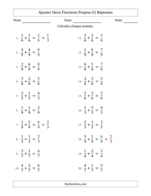 Ajouter deux fractions propres avec des dénominateurs égaux, résultats en fractions propres, et avec simplification dans quelques problèmes (I) page 2